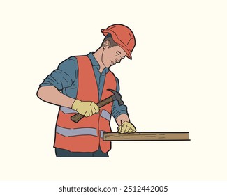 Hand draw Illustration of professional building construction workers hammering nails. Vector flat color.