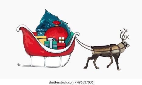 Hand draw illustration of red Christmas sleigh with presents, Christmas tree, pulled by reindeer and with outline vector