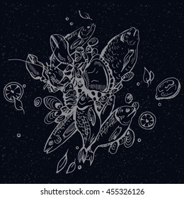 Hand draw illustration seafood or underwater world. Fish sketches. Fish restaurant menu.
