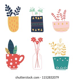 Hand draw illustration Set of different vases and jugs with flowers.Cute plants, flowers in different colorful pots. 