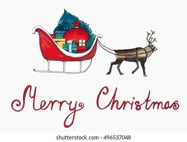 Hand draw illustration set of red sleigh with presents, Christmas tree, pulled by reindeer and lettering Merry Christmas with outline vector