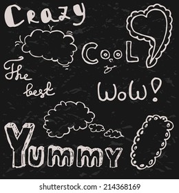 Hand draw illustration set with word exclamations and speech clouds and bubbles in cartoon style. Chalk style on grey backdrop with decor