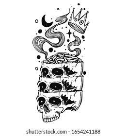 Hand draw illustration skull head crown brain moon engraving style