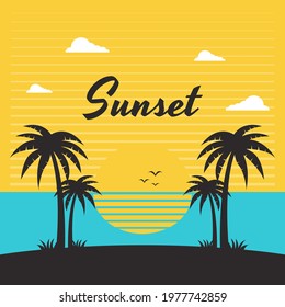 Hand draw illustration of summer background. Tropical plants, flower, beach ball and starfish. Design template for banner, flyer. Vector Illustration
