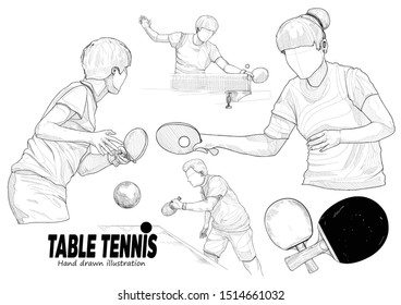 hand draw illustration of table tennis player and table tennis racket. drawing vector of sport.