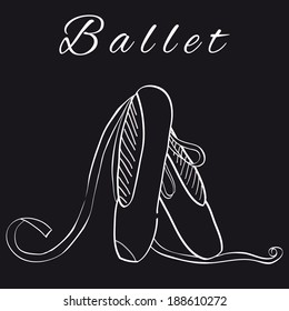 Hand draw illustration of white shoes for ballet with tapes and inscription on a black background.Imitation chalk drawing