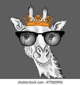 Hand draw Image Portrait giraffe  in the crown. Use for print, posters, t-shirts. Hand draw vector illustration