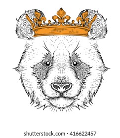 Hand draw Image Portrait panda  in the crown. African / indian / totem / tattoo design. Use for print, posters, t-shirts. Hand draw vector illustration