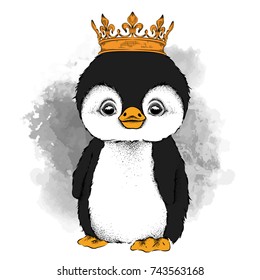 Hand draw Image Portrait of  penguin in the crown. Use for print, posters, t-shirts. Hand draw vector illustration