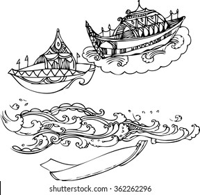 hand draw of imagination boat and river design 