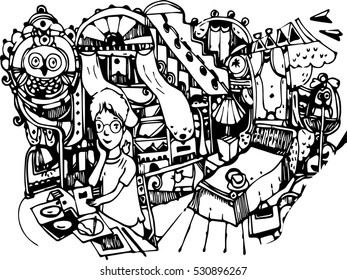 hand draw of imagination boy in bed room create for card