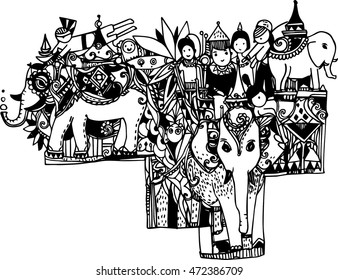 hand draw of imagination elephant and people in line art design for cartoon book