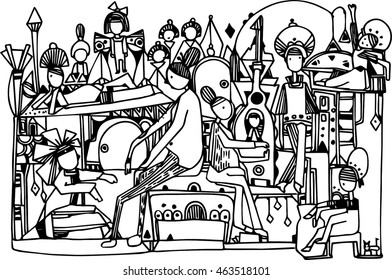 hand draw of imagination group of women in office design for card