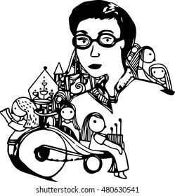 hand draw of imagination man in line art design for cartoon book