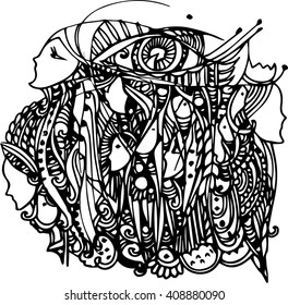 hand draw of imagination mask design in line art