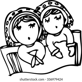 hand draw of imagination two girl sleep design