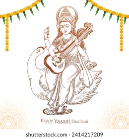 	Hand draw indian god saraswati maa on vasant panchami card design