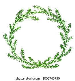 Hand draw ink fir wreath. Green vector decorative design element.