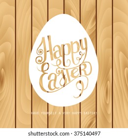 Hand draw inscription happy Easter on the wooden background. Inscribed in the contour of the egg. Vector illustration. Ideal for graphic design and greeting cards.