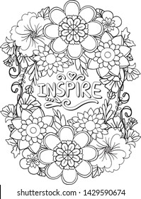 Hand draw. Inspiration word with flowers element for Valentine's day or Greeting Cards. Coloring for adult and kids. Vector Illustration