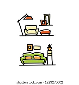 Hand draw interior sketch. Vector interior icon collection. Set of furniture and decoration drawings.