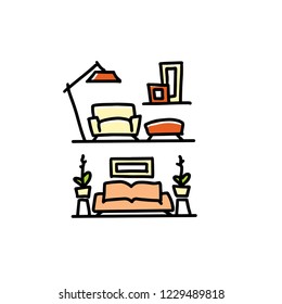 Hand draw interior sketch. Vector interior icon collection. Set of furniture and decoration drawings.