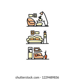 Hand draw interior sketch. Vector interior icon collection. Set of furniture and decoration drawings.