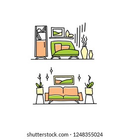 Hand draw interior sketch. Vector interior icon collection. Set of furniture and decoration drawings.
