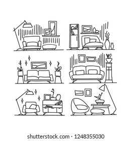 Hand draw interior sketch. Vector interior icon collection. Set of furniture and decoration drawings.