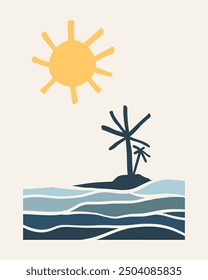 Hand draw island lanscape panorama. Organic doodle shapes matisse style, naive art, contemporary backgrounds. beach and mountains vector illustration