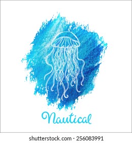 Hand draw jellyfish with watercolor blue background 