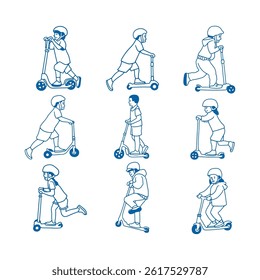 hand draw kid play scooter on white background