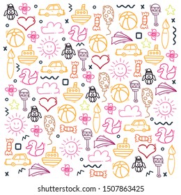 Hand draw Kids doodle background. Objects from a child's life