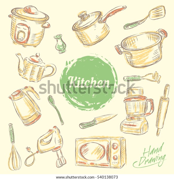 Hand Draw Kitchen Utensils Collection Vector Stock Vector (Royalty Free