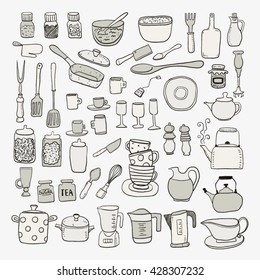 Hand draw kitchen utensils sketch collection