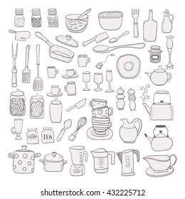 Hand draw kitchen utensils sketch collection