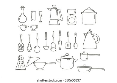 Hand draw kitchenware in liner style. Kitchen utensils and cooking utensils set.