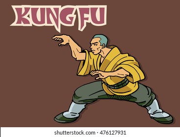 Hand draw of Kungfu cartoon in actions