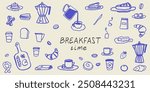 Hand draw la dolce vita breakfast doodles. Vector illustration of food and coffee icons in chalk, crayon drawing style. Minimalist line art. Illustration for invitations, menus design, social media.