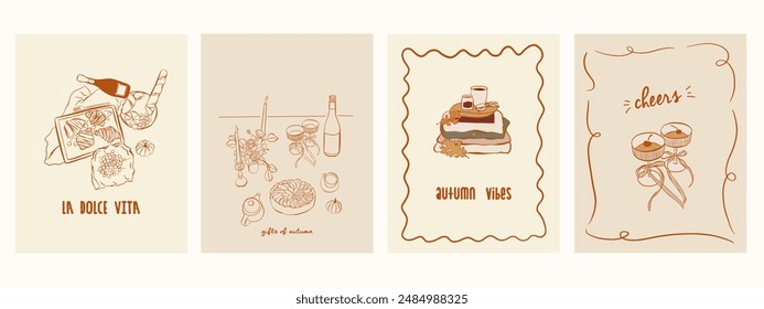 Hand draw la dolce vita autumn doodles. Vector illustration of food icon with bows and candles. Minimalist line art. Illustration for invitations, stationery, printables, social media