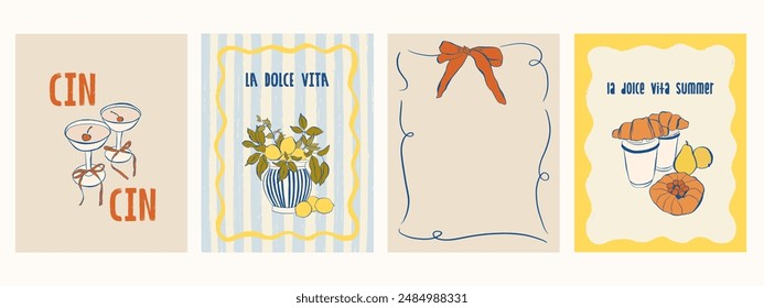 Hand draw la dolce vita doodles. Vector illustration of food icon with bows and candles. Minimalist line art. Illustration for invitations, stationery, printables, social media