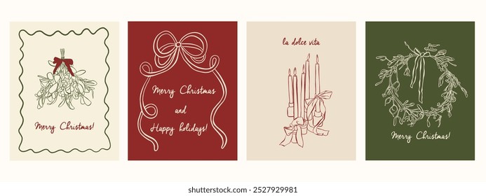 Hand draw la dolce vita Christmas doodles. Vector illustration of food icon with bows and candles. Minimalist winter line art. Illustration for invitations, stationery, printables, social media