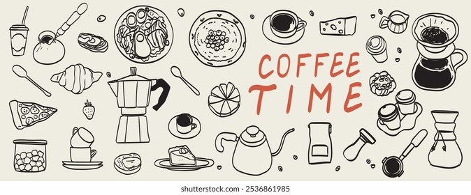 Hand draw la dolce vita breakfast doodles. Vector illustration of food and coffee icons in chalk, crayon drawing style. Minimalist line art. Illustration for invitations, menus design, social media.