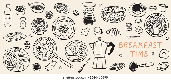 Mão desenham la dolce vita rabiscos de café da manhã. Ilustração vetorial de ícones de comida e café em giz, estilo de desenho de giz de cera. Ilustração para convites, design de menus, mídias sociais.