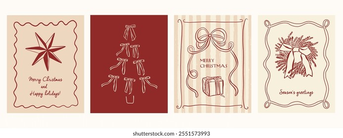 Hand draw la dolce vita Christmas doodles. Vector illustration of food icon with bows and candles. Minimalist winter line art. Illustration for invitations, stationery, printables, social media