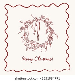 Hand draw la dolce vita Christmas card. Vector illustration wreath icon with bows. Minimalist winter line art. Illustration for invitations, stationery, printables, social media