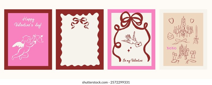 Hand draw la dolce vita Valentine's day doodles. Vector illustration of whims icon with bows. Minimalist romantic line art. Illustration for invitations, stationery, printables, social media