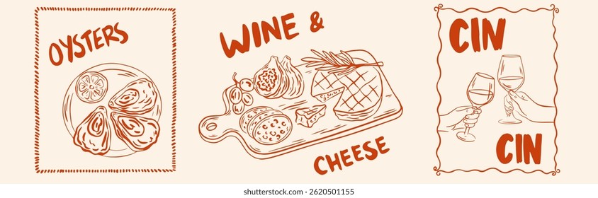 Hand draw La Dolce vita lifestyle illustrations. Picnic in french or italian style with wine, charcuterie, cheese, oyster. Chalk charcoal style drawing for poster, placard or print