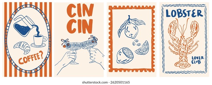 Hand draw la dolce vita vintage posters. Summer Italy. Vacation vector illustrations in ink line doodle sketch style postage stamps with image. Amalfi. Chalk style drawing for poster, placard, print