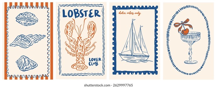 Hand draw la dolce vita vintage posters. Summer Italy. Amalfi. Vacation vector illustrations in ink line doodle sketch style postage stamps with image. Chalk style drawing for poster, placard, print